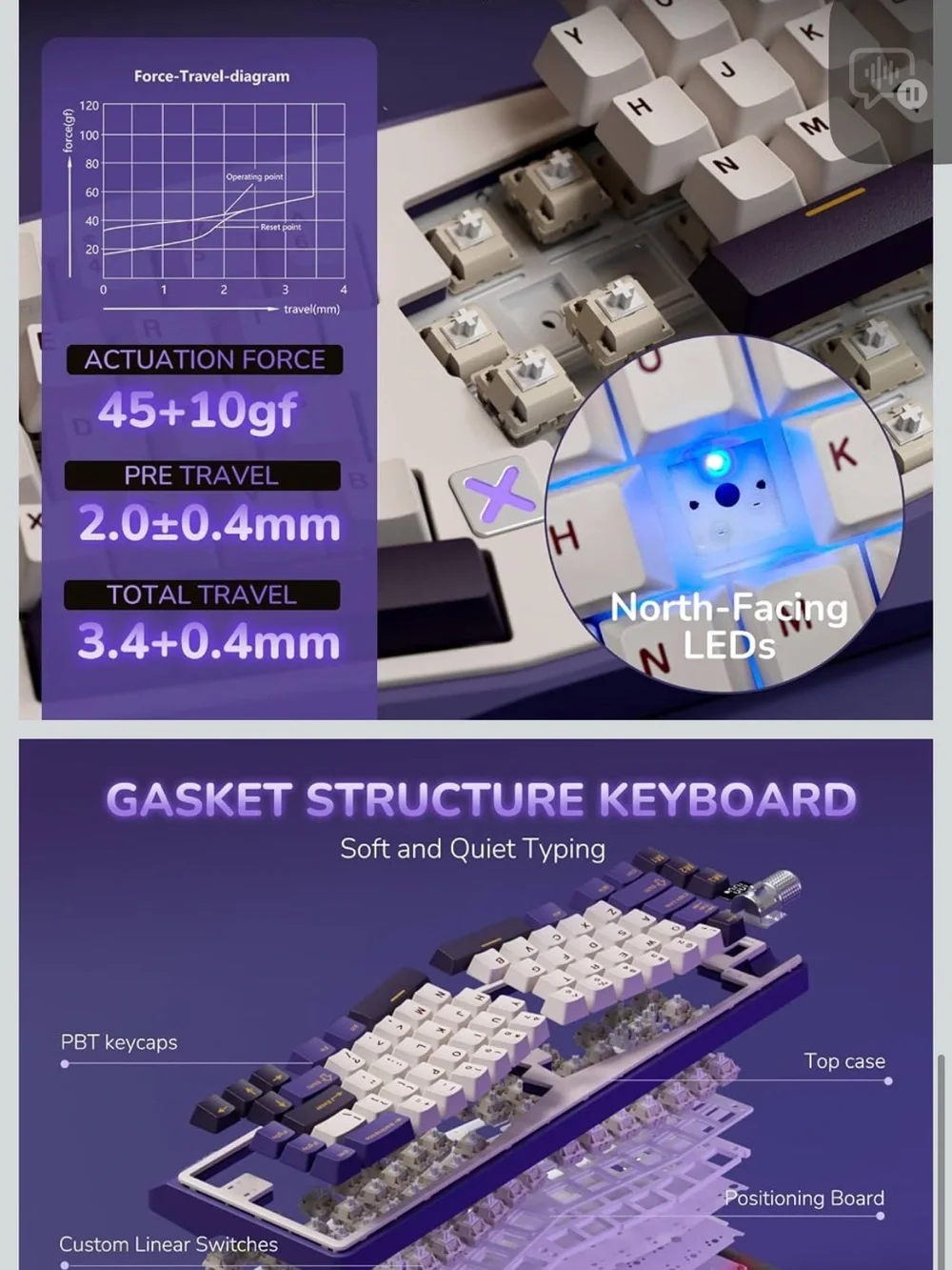 RK ROYAL KLUDGE A70 Purple & White Wireless Ergonomic Mechanical Keyboard